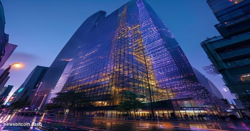 Cinematic photorealistic editorial photograph of the SBI Holdings headquarters tower in Tokyo's financial district at dusk, s