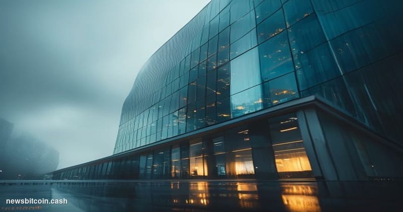 Cinematic photorealistic editorial photograph of a sleek, glass-fronted Charles Schwab branch office exterior on a grey overc