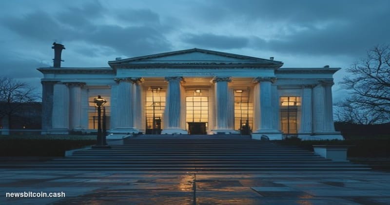 Cinematic photorealistic editorial photograph of the exterior of the U.S. Securities and Exchange Commission headquarters bui