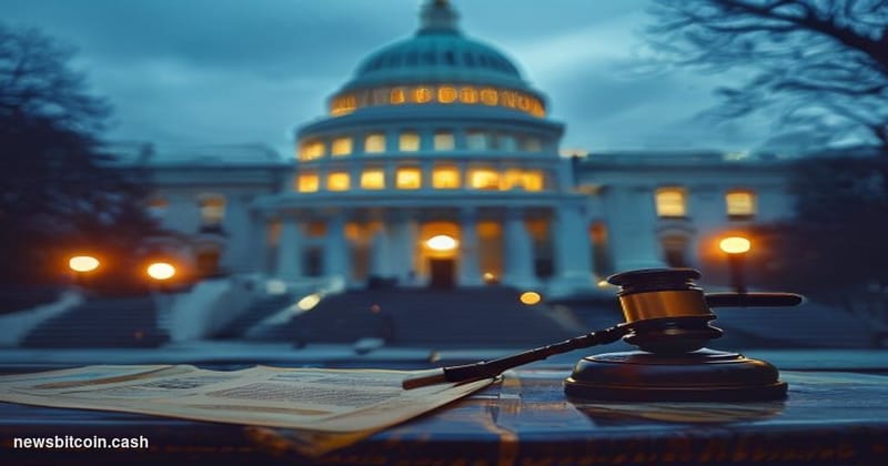 A cinematic photorealistic editorial photograph of the United States Capitol building at dusk, shot from a low angle looking 