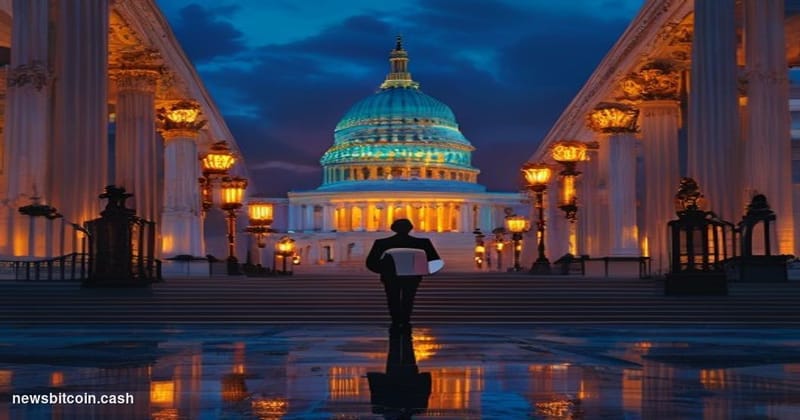 Cinematic photorealistic editorial photograph of the United States Capitol building in Washington D.C. at dusk, captured from