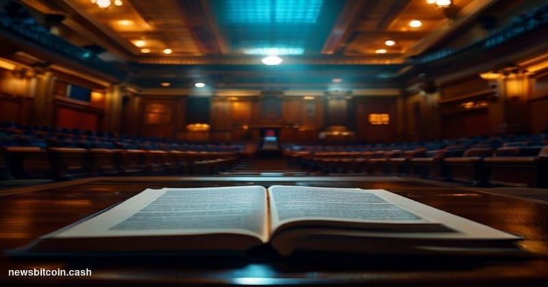 Cinematic photorealistic editorial photograph of the United States Senate chamber interior, shot from a low angle looking up 