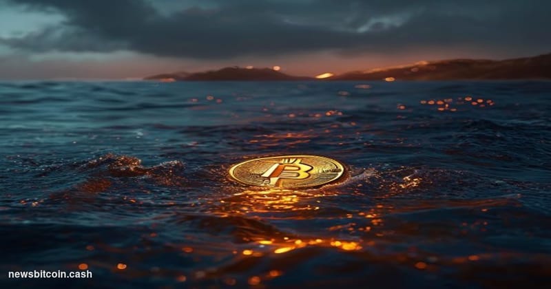 Cinematic photorealistic editorial photograph of a large Bitcoin symbol cast in burnished gold, partially submerged beneath t