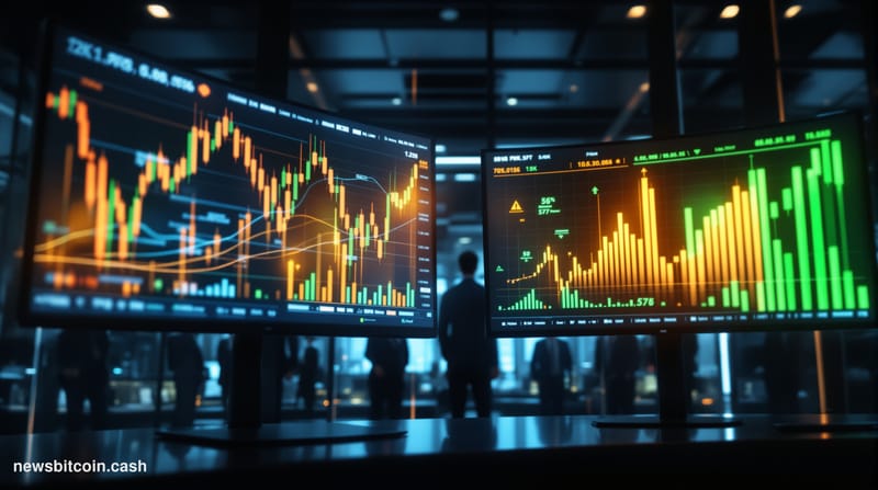 Cinematic photorealistic editorial photograph set inside a dimly lit institutional trading floor, with two large curved monit
