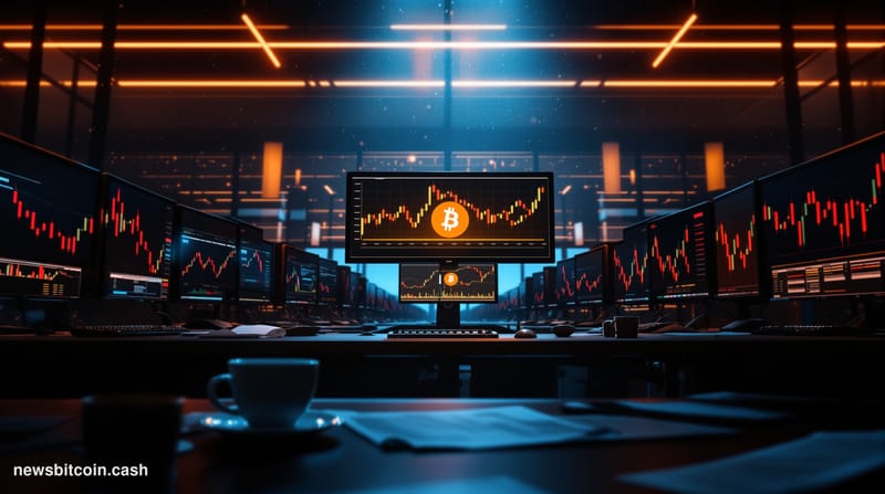 Cinematic photorealistic editorial photograph of a near-empty cryptocurrency trading floor with rows of darkened monitors dis