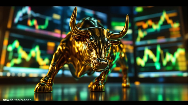 A cinematic photorealistic editorial photograph of a powerful bull figurine cast in polished gold, dramatically lit from belo