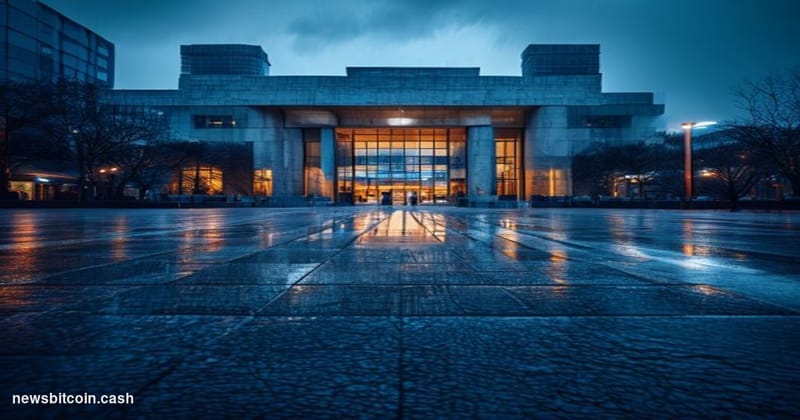 Cinematic photorealistic editorial photograph of the Bank of Korea's imposing granite headquarters in central Seoul, South Ko