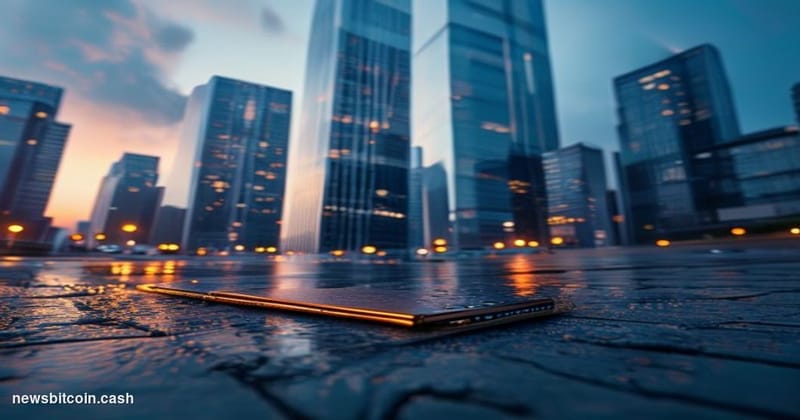 Cinematic photorealistic editorial photograph of the Seoul financial district skyline at dusk, shot from street level looking