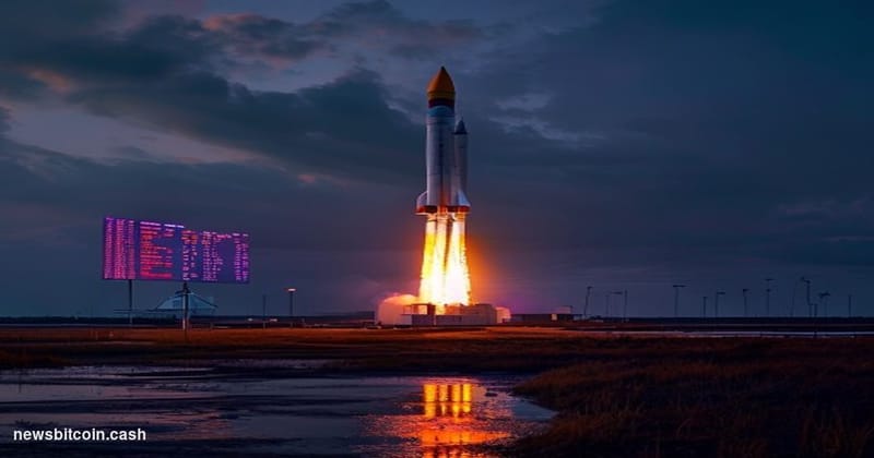 Cinematic photorealistic editorial photograph of a SpaceX rocket launch pad at Starbase, Texas, shot at dusk from a low angle
