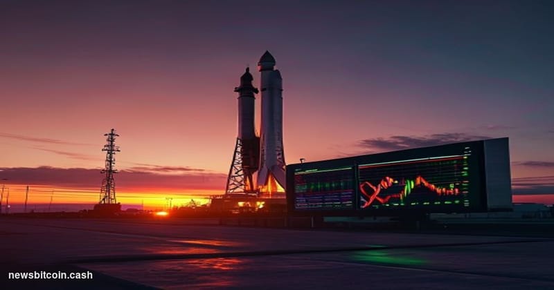 Cinematic photorealistic editorial photograph of a SpaceX Falcon 9 rocket on a launch pad at dusk, silhouetted against a deep