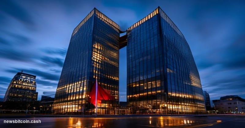 Cinematic photorealistic editorial photograph of the European Central Bank's iconic twin-tower headquarters in Frankfurt, Ger