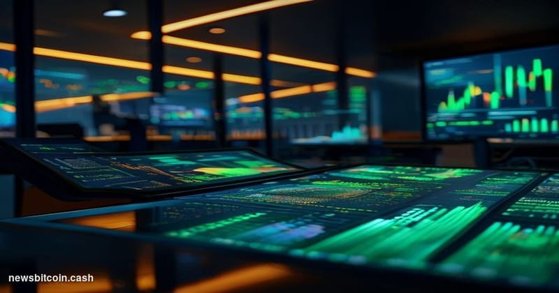 Cinematic photorealistic editorial photograph of a sleek, modern fintech operations floor at dusk, with curved banks of monit