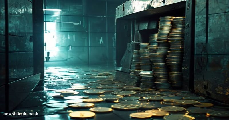 Cinematic photorealistic editorial photograph of a cracked and eroding digital vault door, rendered in physical metal and gla
