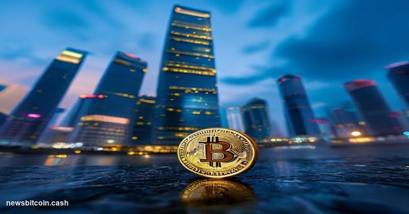 Cinematic photorealistic editorial photograph of Standard Chartered's iconic Hong Kong headquarters tower at dusk, shot from 