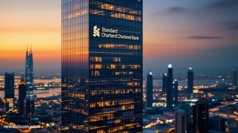 Cinematic photorealistic editorial photograph of the Standard Chartered bank headquarters tower in Dubai's financial district