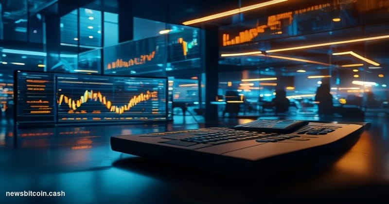 Cinematic photorealistic editorial photograph of a high-tech trading floor environment bathed in cool blue and amber light, w