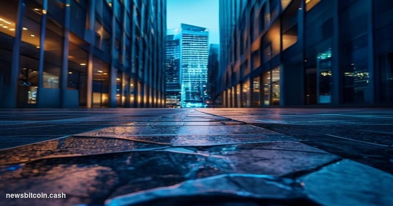 A cinematic photorealistic editorial photograph taken at ground level looking up at a corporate office building facade in lat