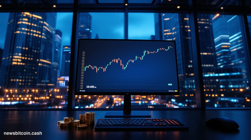 Cinematic photorealistic editorial photograph of a large corporate trading floor at dusk, bathed in deep blue ambient light w
