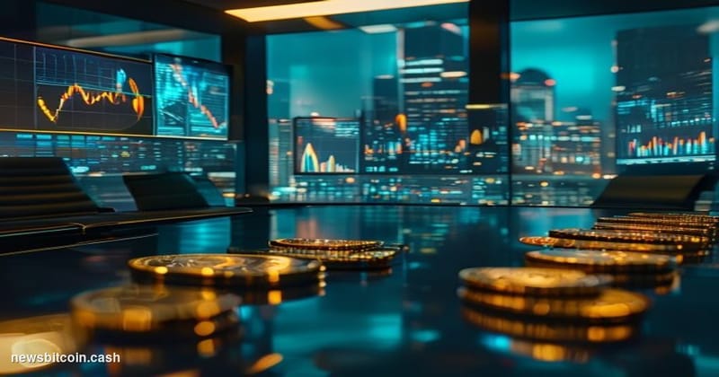 A cinematic photorealistic editorial photograph set inside a high-stakes corporate treasury operations room, dimly lit with s