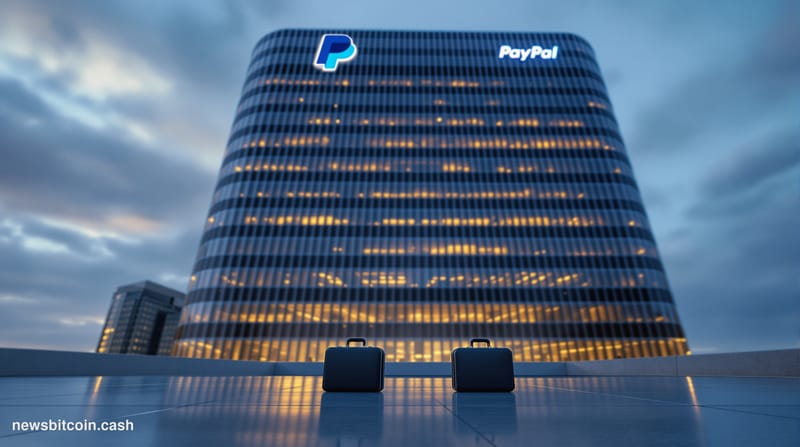 Cinematic photorealistic editorial photograph of PayPal's San Jose corporate headquarters building at dusk, its distinctive l