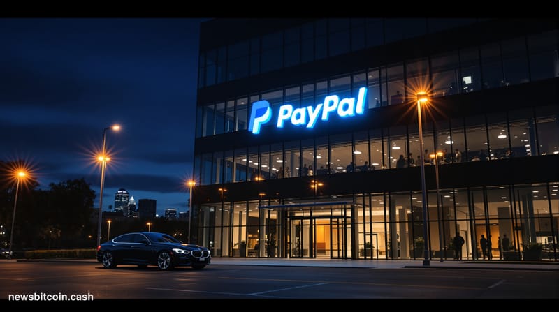 Cinematic photorealistic editorial photograph of the PayPal headquarters building in San Jose, California, shot at dusk with 