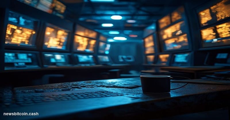 A cinematic photorealistic editorial photograph of an abandoned, dimly lit trading terminal room with multiple dark screens f