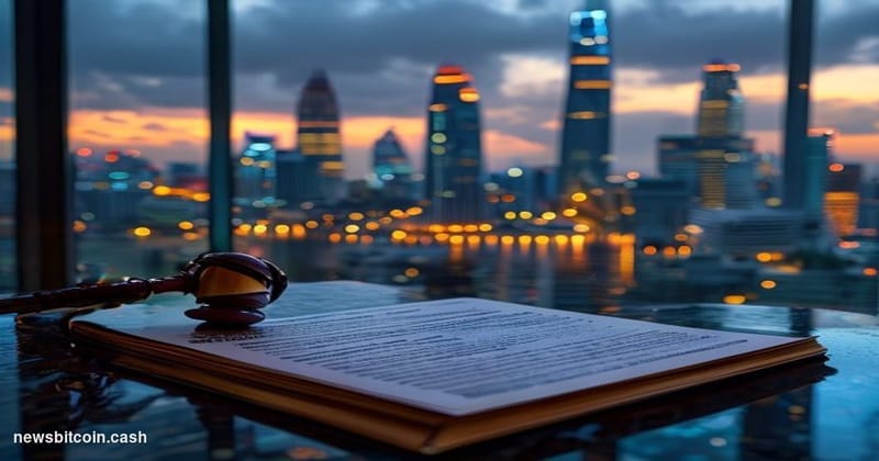 Cinematic photorealistic editorial photograph of the Bangkok financial district skyline at dusk, with the distinctive silhoue