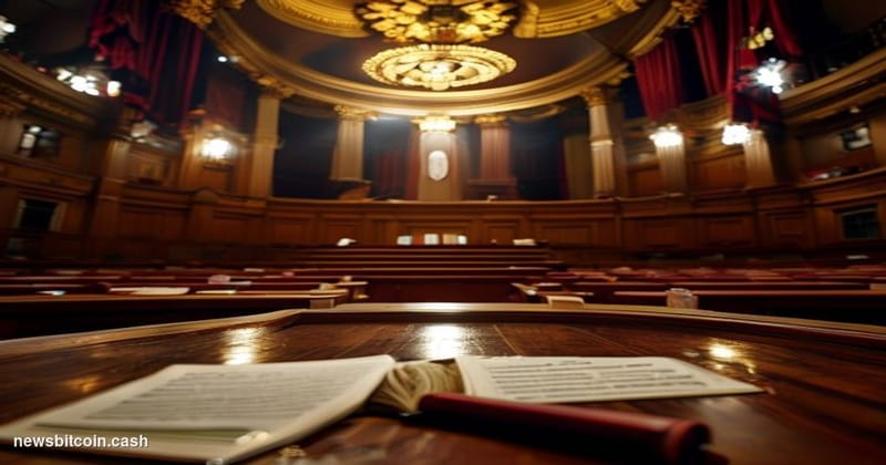 Cinematic photorealistic editorial photograph of the United States Senate chamber interior, shot from a low angle looking tow