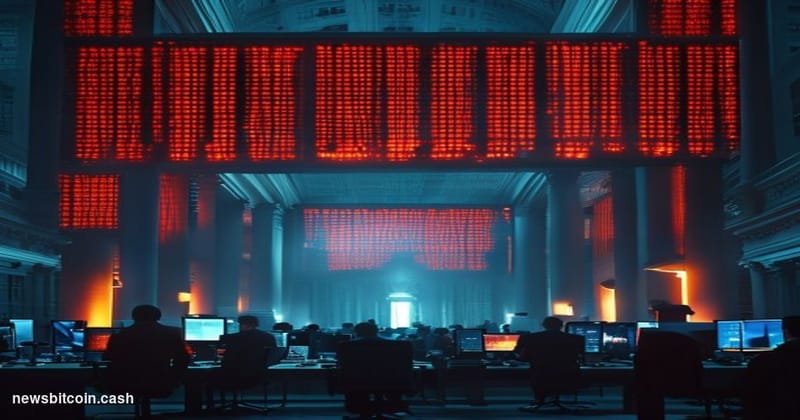 A cinematic photorealistic editorial photograph shot at dramatic low angle looking up at a large trading floor ticker board d