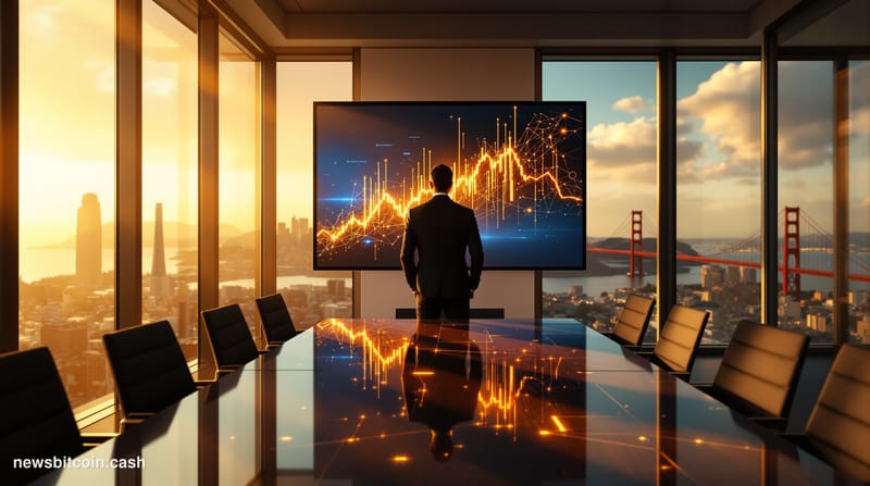 Cinematic photorealistic editorial photograph of a polished executive boardroom interior in a San Francisco high-rise, dramat