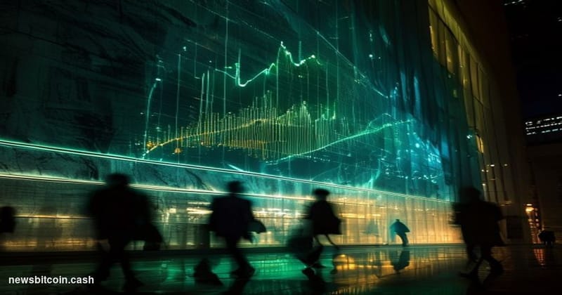 A cinematic photorealistic editorial photograph shot at a low angle looking up at a massive illuminated financial data dashbo