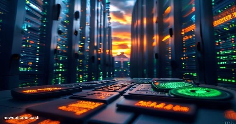Cinematic photorealistic editorial photograph shot at a dramatic low angle looking up at a towering data center facility in S