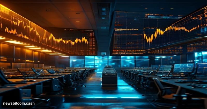 Cinematic photorealistic editorial photograph of a large financial trading floor viewed from a low angle, with massive dual s