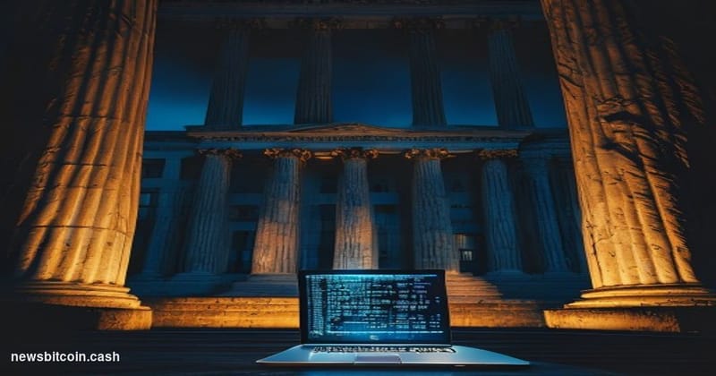 Cinematic photorealistic editorial photograph shot at dusk from a low angle looking up at the U.S. Department of the Treasury