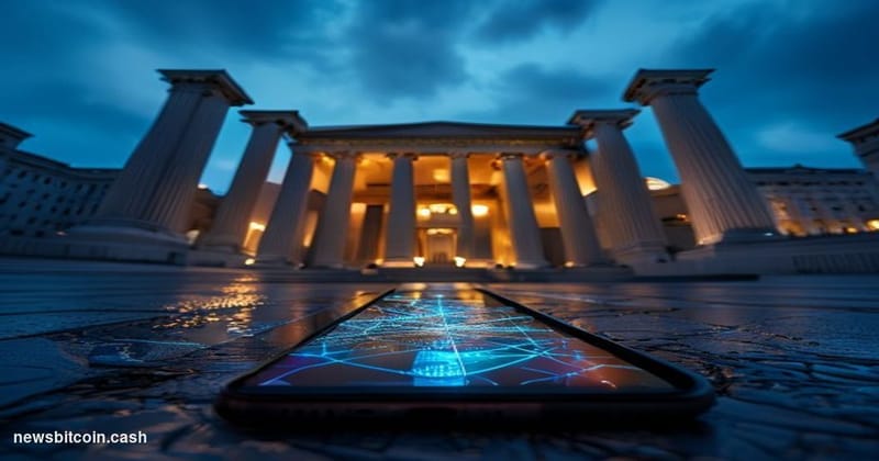 Cinematic photorealistic editorial photograph taken from a low angle looking up at the US Treasury building in Washington D.C