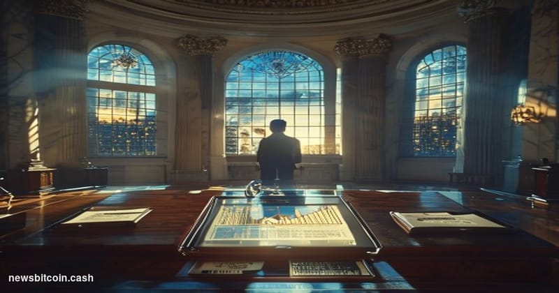 A cinematic photorealistic editorial photograph set inside a grand, marble-floored legislative chamber — modeled after the U.