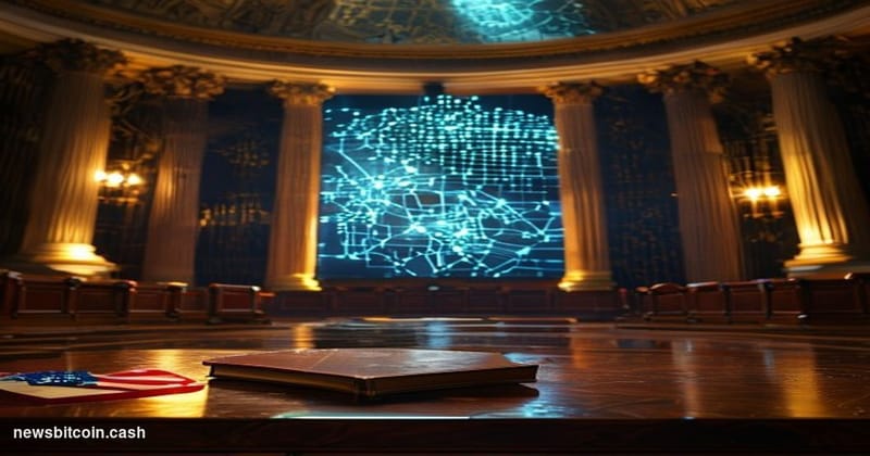 Cinematic photorealistic editorial photograph of the United States Senate chamber at night, shot from a low angle through the