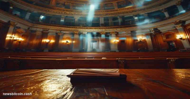 Cinematic photorealistic editorial photograph of the United States Senate chamber viewed from a dramatic low angle, the ornat
