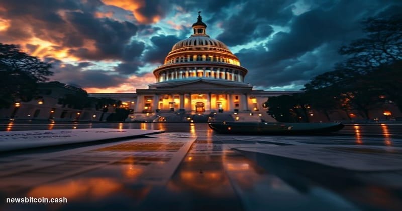 Cinematic photorealistic editorial photograph of the United States Capitol building at dusk, shot from a low angle looking up