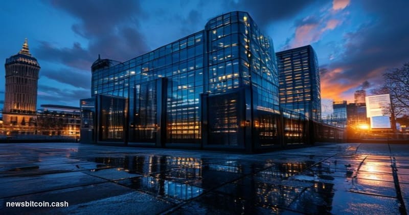 A dramatic wide-angle exterior shot of a modern glass-and-steel London financial district building at dusk, with the iconic C