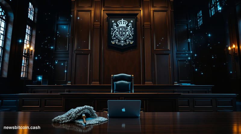 A cinematic photorealistic editorial photograph set inside a grand British courtroom — dark oak paneling, elevated judge's be