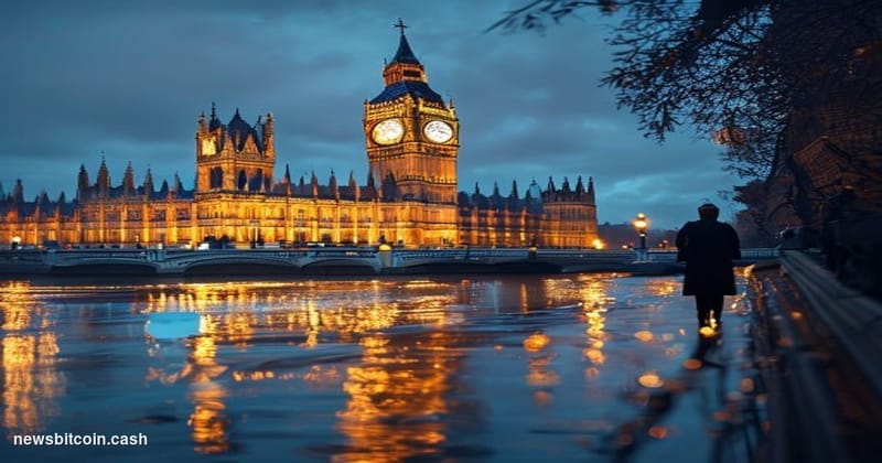 Cinematic photorealistic editorial photograph of the Palace of Westminster and Big Ben along the Thames at dusk, shot from a 