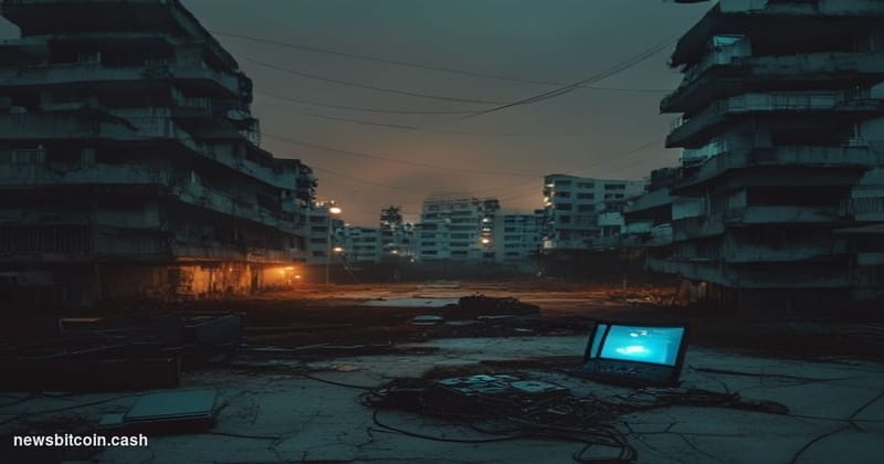 Cinematic photorealistic editorial photograph of a dimly lit, sprawling urban compound in Southeast Asia at dusk, shot from a