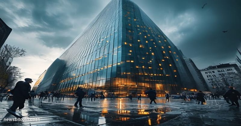 A cinematic photorealistic editorial photograph shot at ground level looking up at the Commerzbank Tower in Frankfurt, German