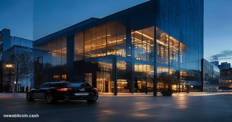Cinematic photorealistic editorial photograph of the Coinbase San Francisco headquarters entrance at dusk, with dramatic side