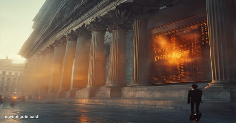 Cinematic photorealistic editorial photograph shot at a dramatic low angle looking up at the New York Stock Exchange facade o