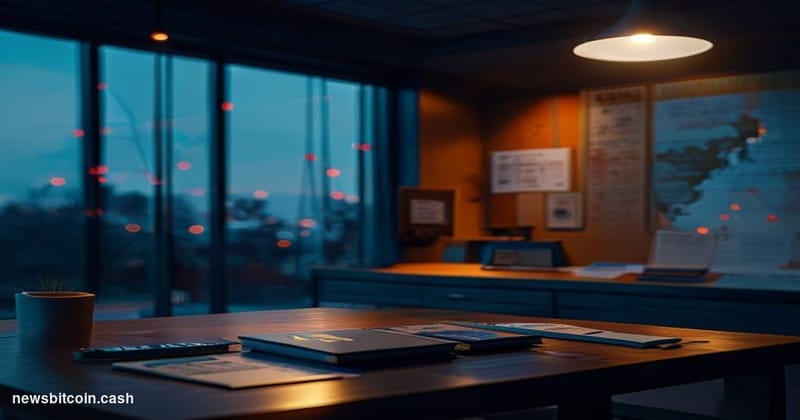 Cinematic photorealistic editorial photograph of a U.S. Secret Service field office exterior at dusk, with warm amber interio