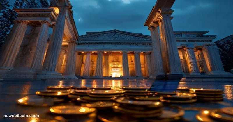 Cinematic photorealistic editorial photograph of the US Treasury Department building in Washington D.C., captured at dusk wit