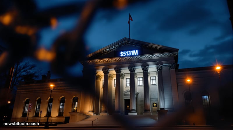 Cinematic photorealistic editorial photograph of the US Treasury building in Washington D.C. shot from a low angle at dusk, d
