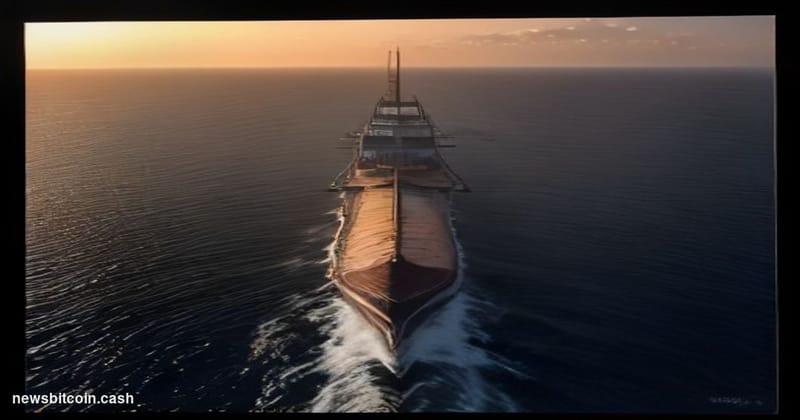 Cinematic photorealistic editorial photograph of a massive oil tanker navigating through the Strait of Hormuz at dusk, shot f